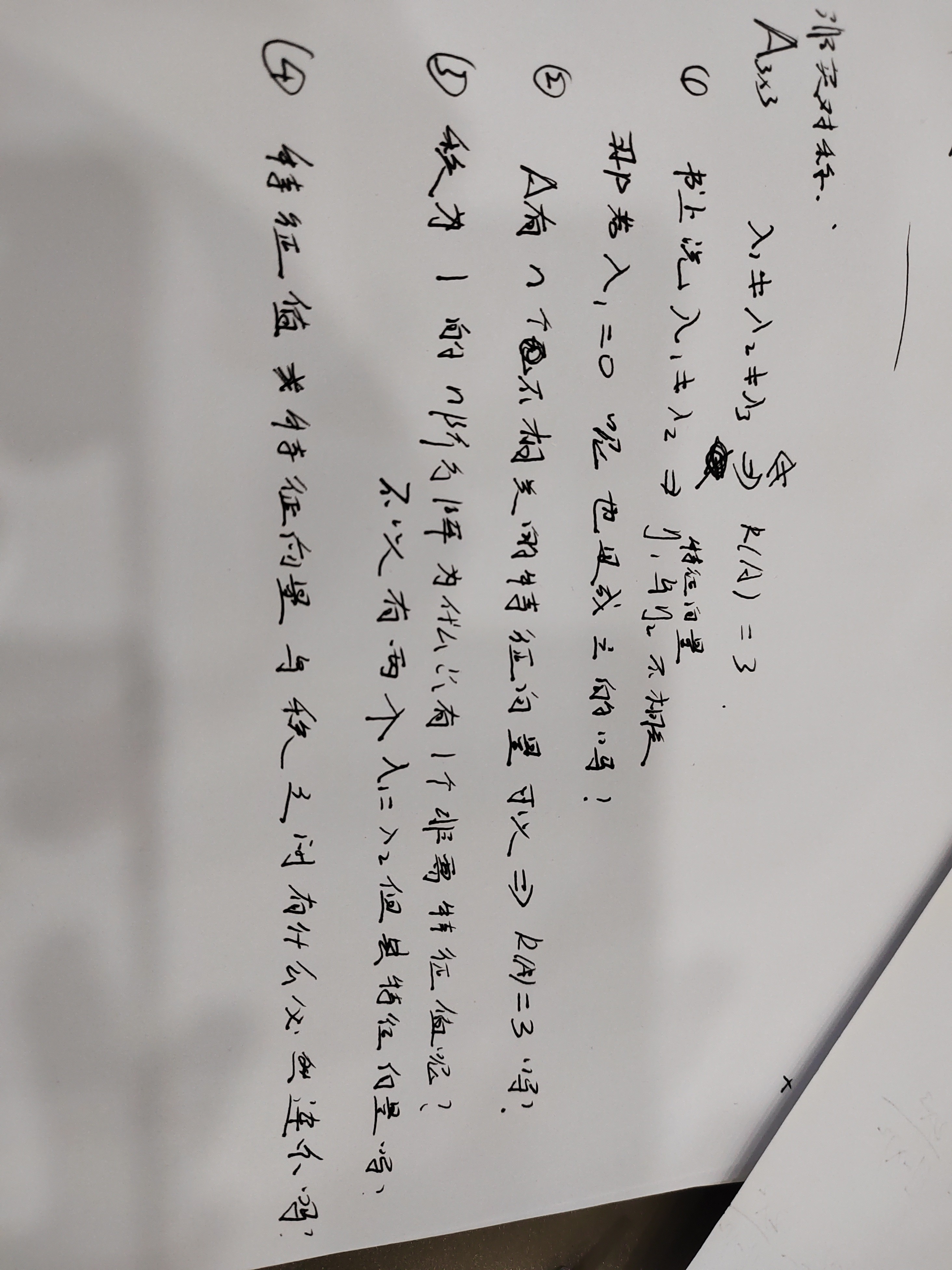 '></div><hr><h3>老师回复问题</h3>首先特征向量有相关和无关，没有不相关这个概念。第一：是个性质，不同特征值的特征向量是线性无关的，只要不同就行，不管等于多少
第二：非实对称矩阵，特征向量线性无关推不出秩，他们没有什么关系
第三：秩为1的矩阵，它的特点看下图
第四：没有条件限制的话，本身就没有什么关系，也就是所有的题目其实都是在条件的限制下逐步推导的<br><div><img class=