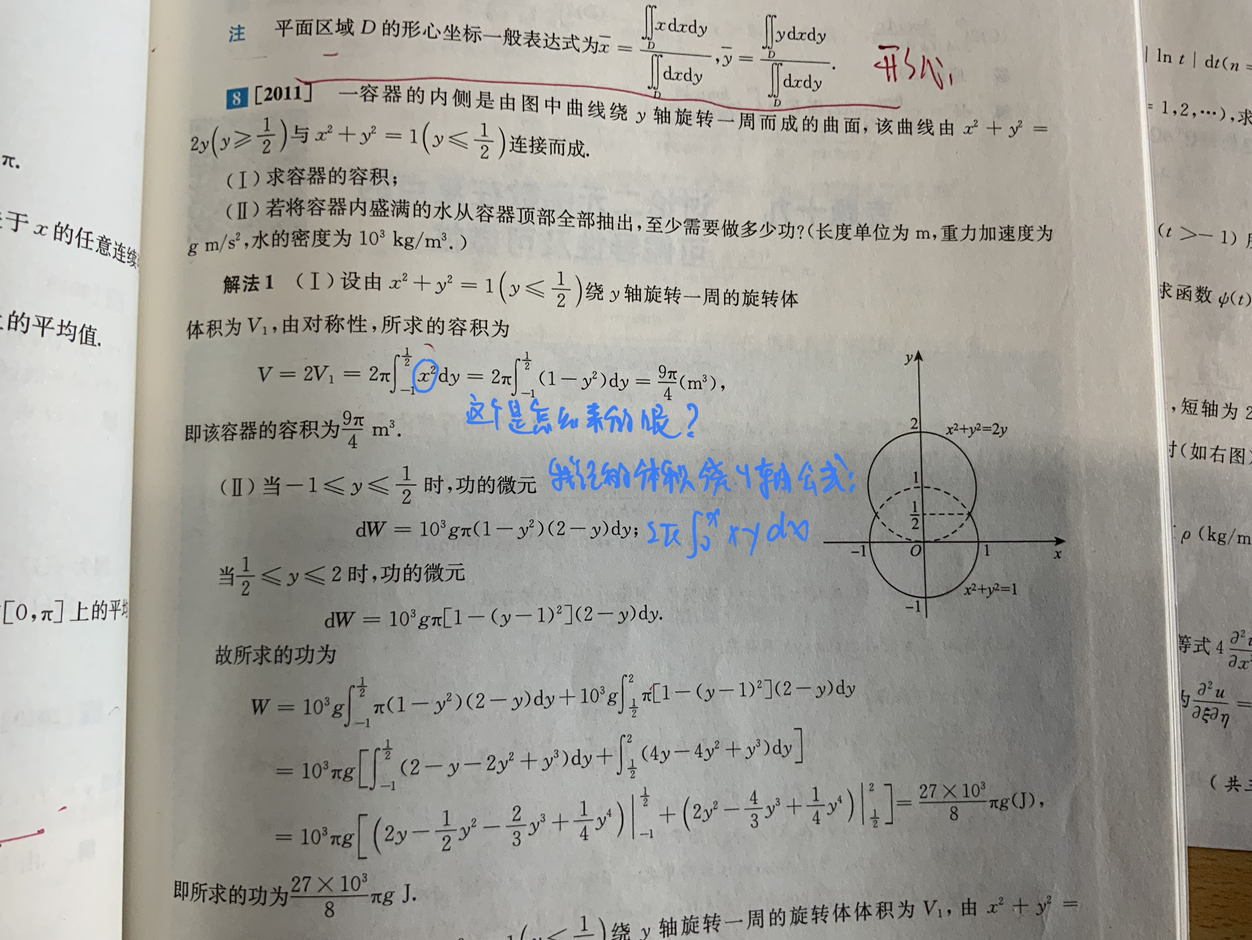 '></div><hr><h3>老师回复问题</h3>你记的是对x进行积分的，解析用的是对y进行积分。相当于红色小长条绕y轴旋转，用派r^2dy。r就是红色小长条的长度，即x，dy就是小长条的宽度。<br><div><img class=